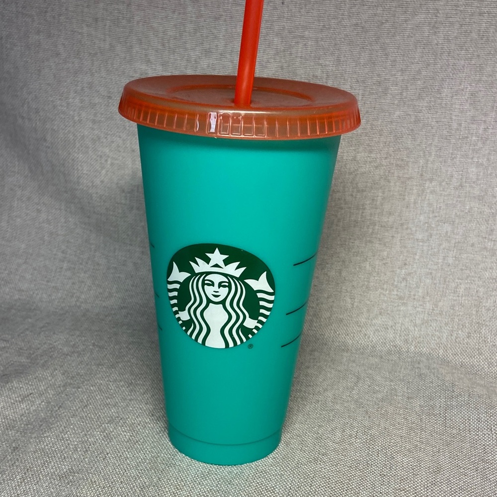 Starbucks Aqua Tumbler with Bright Orange Lid